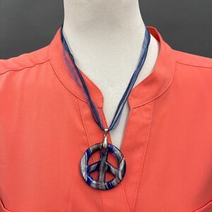 Blue Ribbon Cord Silver-tone Glass Pendant Peace Women's Fashion Necklace NWOT